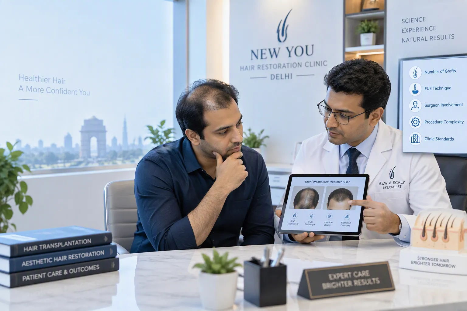 Hair transplant surgeon discussing treatment planning and factors affecting hair transplant cost with a male patient in a modern Delhi clinic.